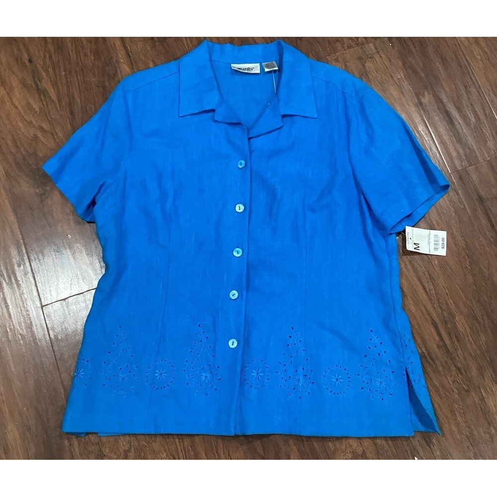 Vntg Units Lsize  M Linen Embroidered Blue Blouse New
